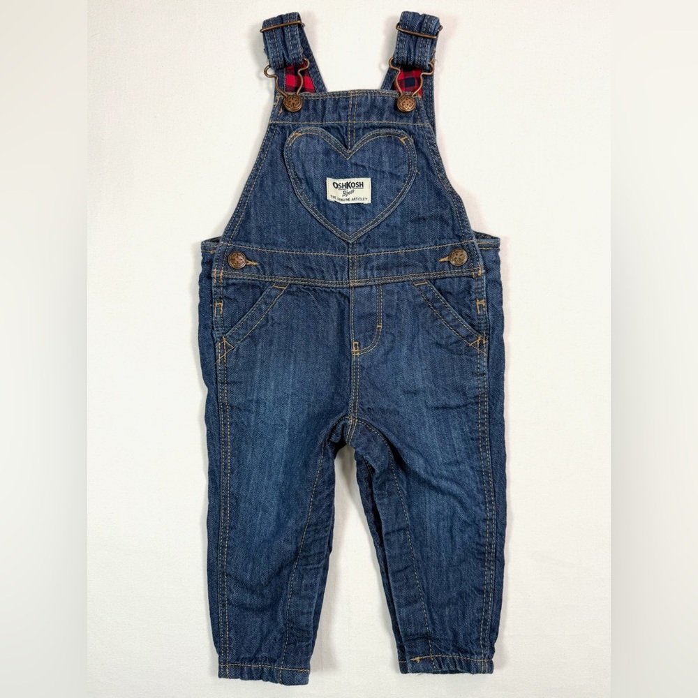 OSHKOSH B'GOSH Baby Girls' Dark Wash Heart Vestbak Red Plaid Lined Overalls 6M‎